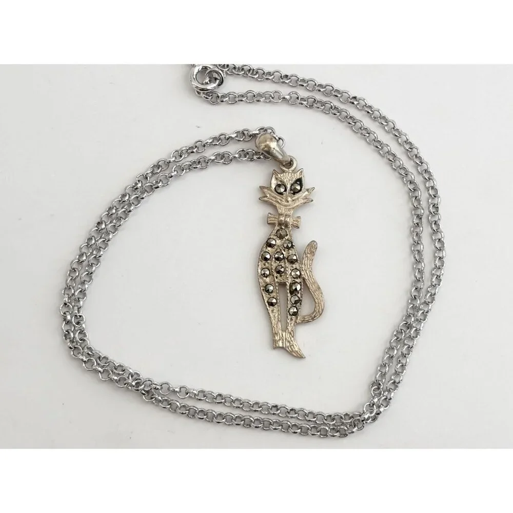 Art Deco Kitty Cat | Kitten Marcasite Sterling Silver Vintage Pendant Necklace
